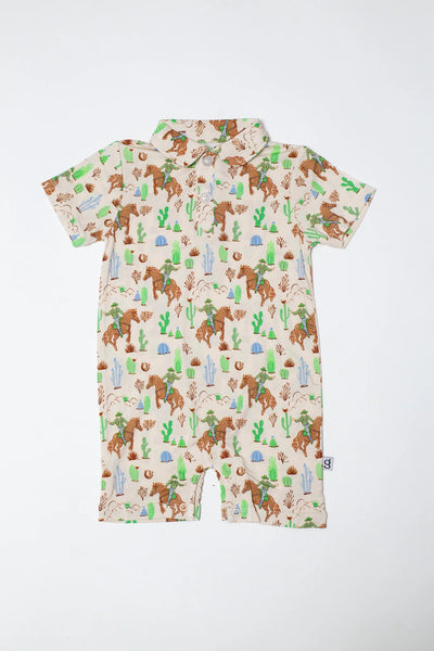 Short Sleeve Polo Romper in Saddle Up, Cowboy