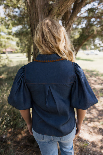 THML Denim Embroidery Trim Top