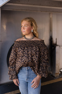 Vine & Love Off The Shoulder Leopard Long Sleeve Top