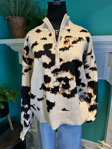Entro 1/4 Zip Ruffle Trip Animal Print Sweater