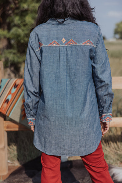 Johnny Was Denim Zip up Embroidered Tunic