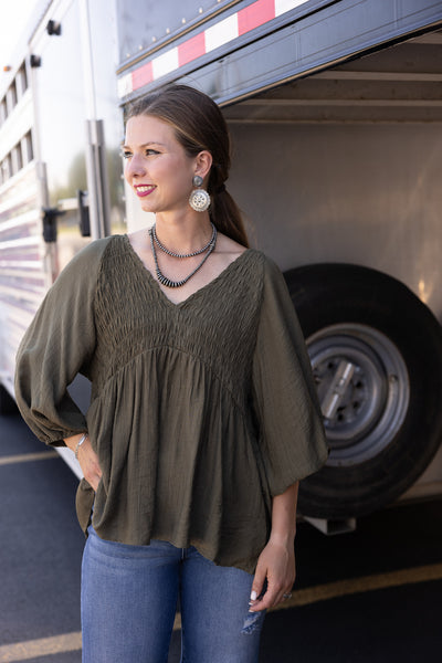 Vine & Love Smocked V-Neck Top