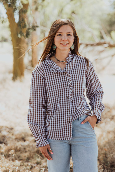 The Gingham Ruffle Blouse Coffee/White