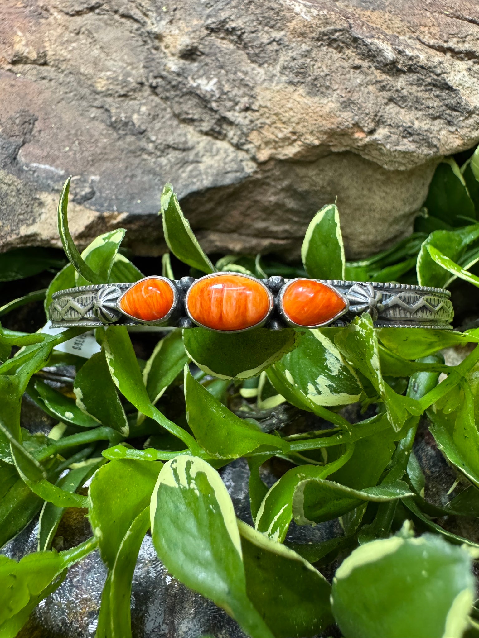 3 Stone Spiny Orange Cuff Bracelet