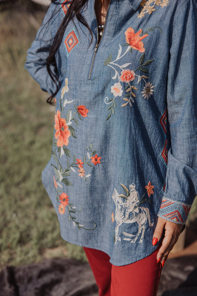 Johnny Was Denim Zip up Embroidered Tunic