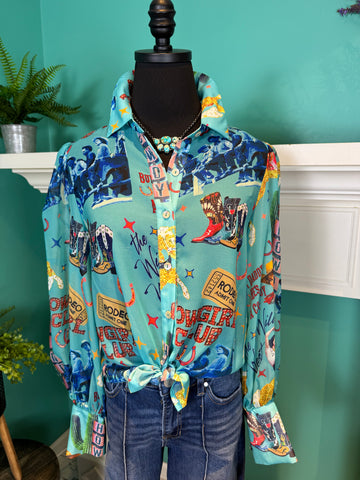 Cowgirl Collage Sheer Top