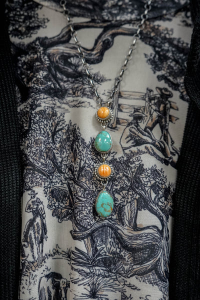 Turquoise & Orange Spiny Oyster Lariat Drop Necklace
