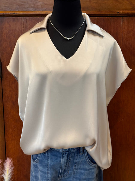 Satin Collar V-Neck Blouse