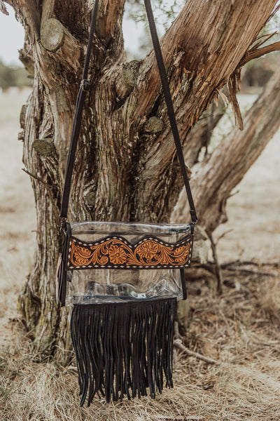 Hand-Tooled Leather Clear Western Crossbody Bag with Fringe