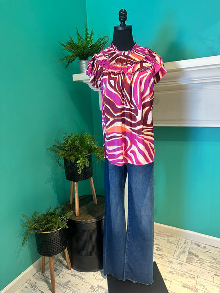 Ruffle Neck Zebra Top