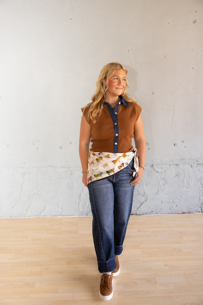 Denim Contrast Knit Top