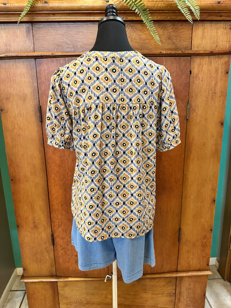 Ikat Print V-Neck Short Sleeve Top