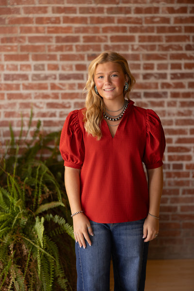Puff Sleeve Ruffle Textured Top