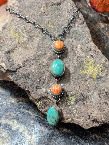 Turquoise & Orange Spiny Oyster Lariat Drop Necklace