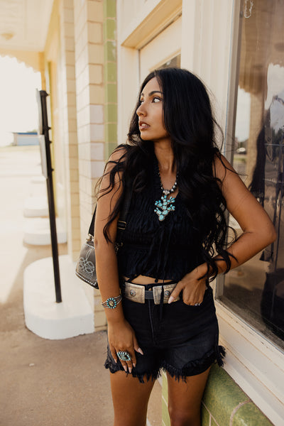 Risen High Rise Side Step Black Denim Shorts