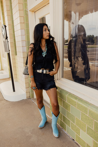 Risen High Rise Side Step Black Denim Shorts