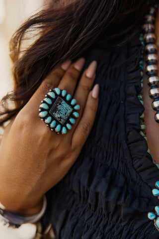 Square Turquoise Cluster Adjustable Ring