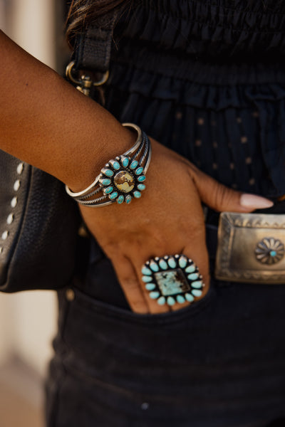 Square Turquoise Cluster Adjustable Ring