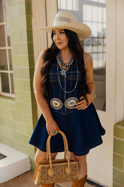 Scallop Hand Etched Concho Belt with Turquoise