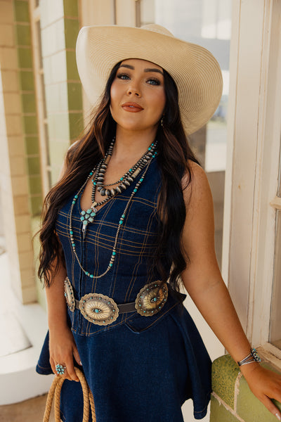 Scallop Hand Etched Concho Belt with Turquoise