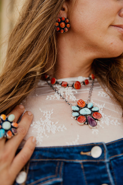 7 Stone Orange Spiny Oyster Link Chain Necklace