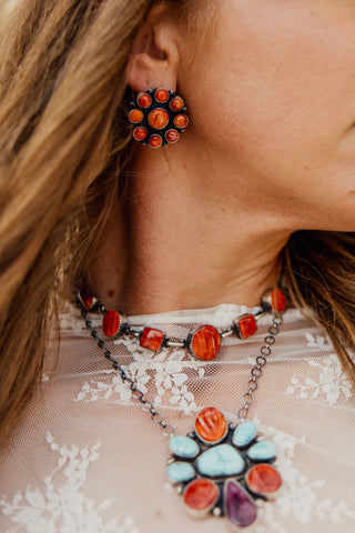7 Stone Orange Spiny Oyster Link Chain Necklace