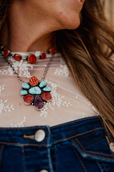 7 Stone Orange Spiny Oyster Link Chain Necklace