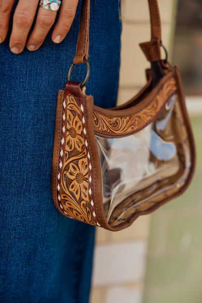 Western Leather Clear Bag with Hand Tooled Acents