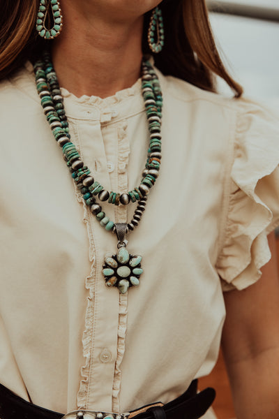 10 MM Turquoise Rondelle/12 MM Navajo Pearl Necklace With Saucers