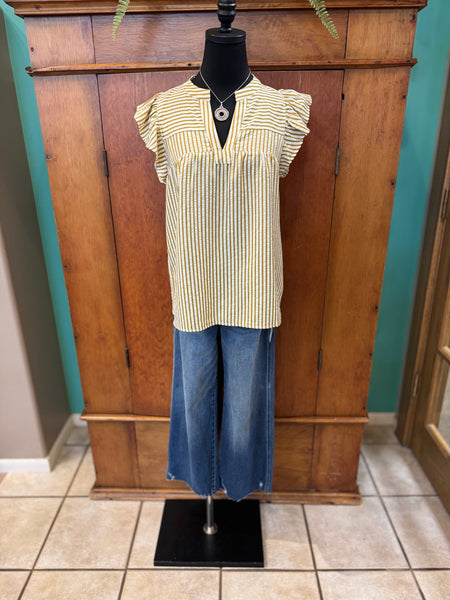 Ruffle Cap Sleeve Striped Top