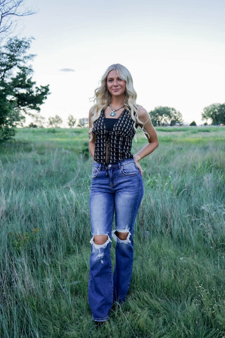 Boots and Lace Tie Front Top