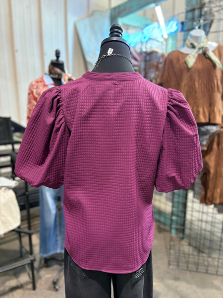 Balloon Sleeve Textured V-Neck Top