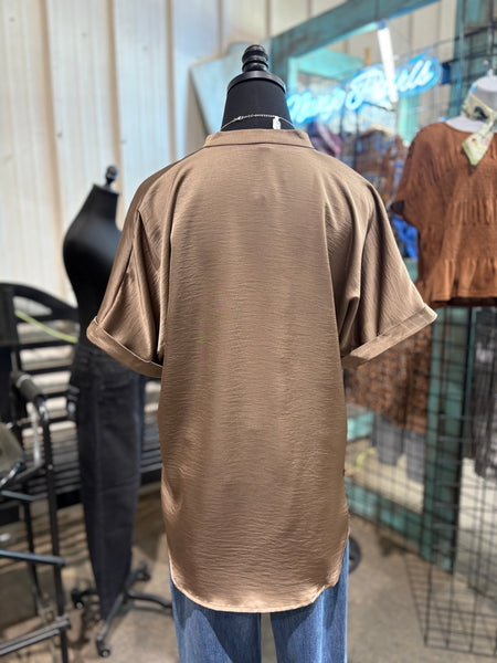 Satin V-Neck Placket Cuff Sleeve Top