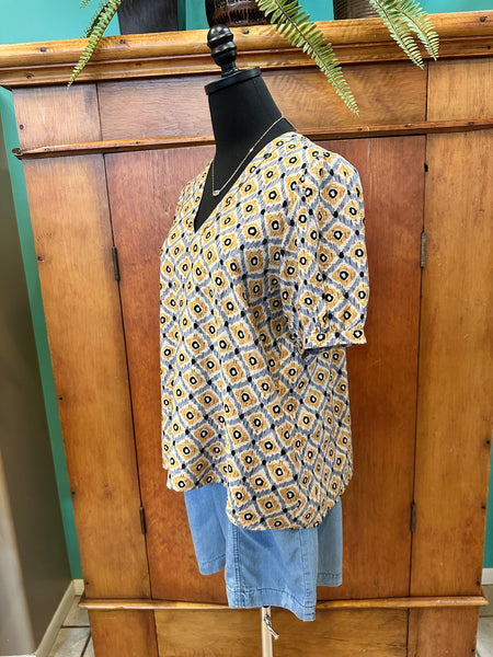 Ikat Print V-Neck Short Sleeve Top