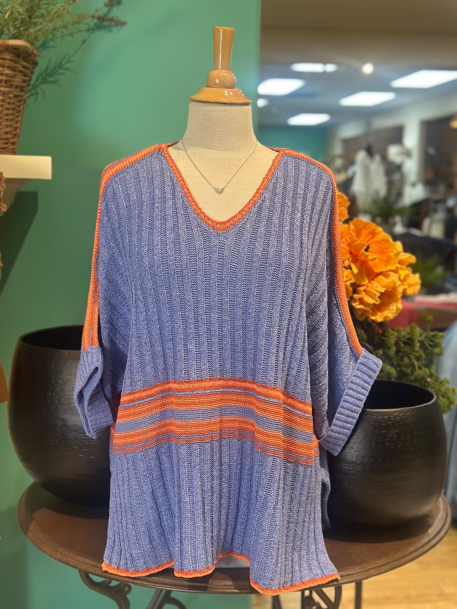 Easel V-Neck Ribbed Striped Sweater
