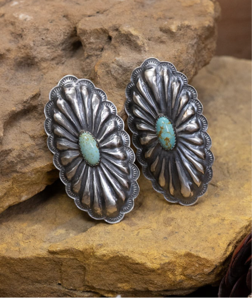 ALZ Stamped Oval Turquoise Post Earrings