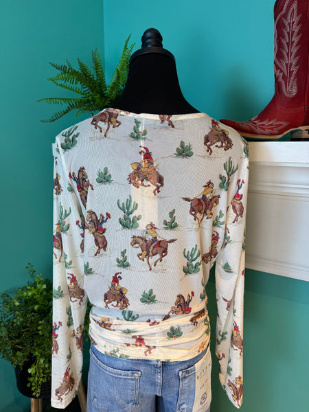Mesh Vintage Cowboy Print Top
