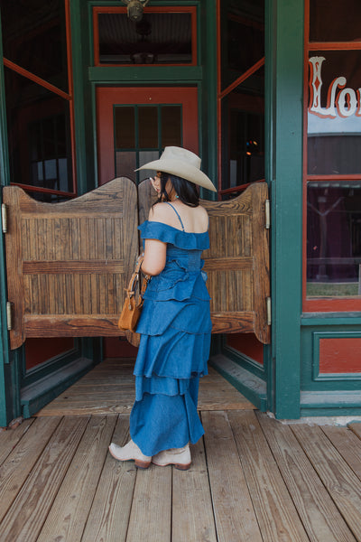 Denim Off Shoulder Ruffle Dress