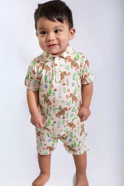 Short Sleeve Polo Romper in Saddle Up, Cowboy