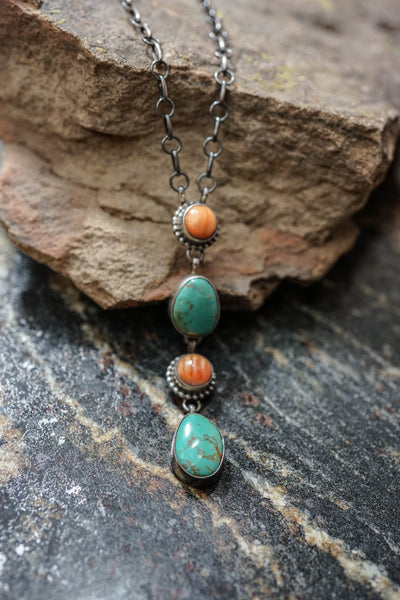 Turquoise & Orange Spiny Oyster Lariat Drop Necklace