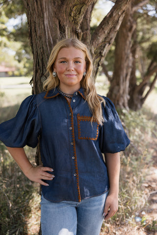THML Denim Embroidery Trim Top