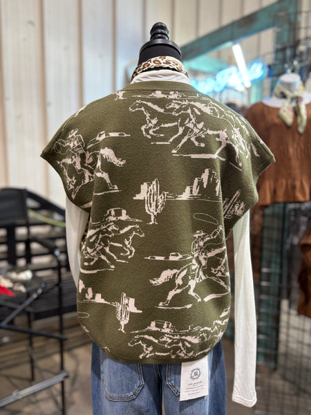 Cowboy Print Sleeveless Sweater
