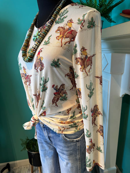 Mesh Vintage Cowboy Print Top