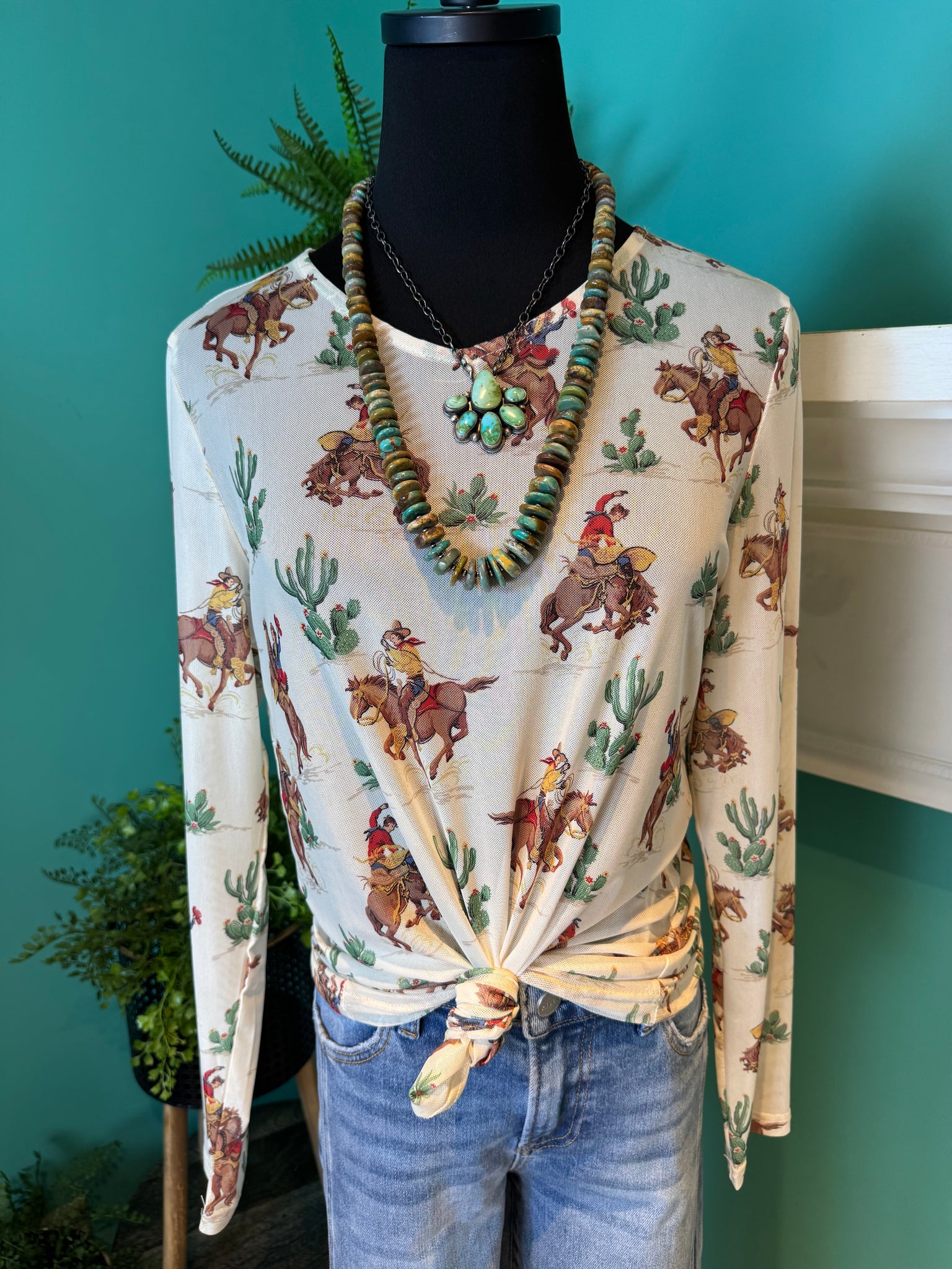 Mesh Vintage Cowboy Print Top