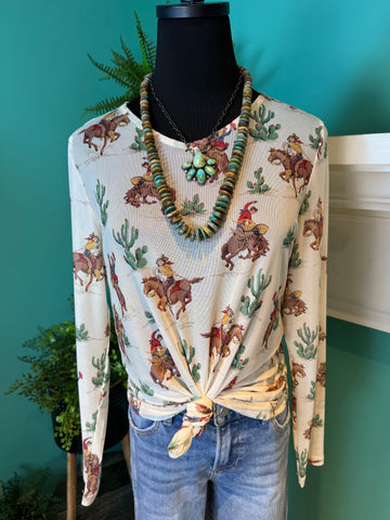Mesh Vintage Cowboy Print Top