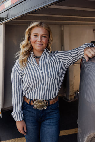 Vine & Love The Striped Collared Button Up Long Sleeve Shirt
