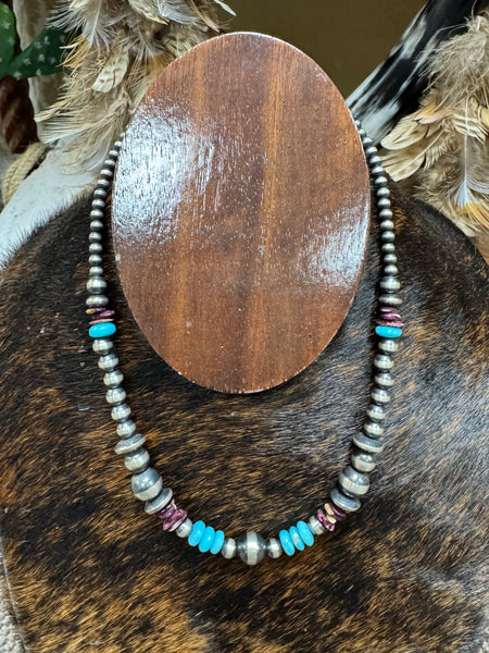 AZT 14” Navajo Pearl, Saucer, Turquoise and Purple Spiny Necklace