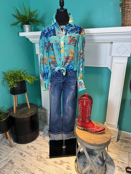 Cowgirl Collage Sheer Top