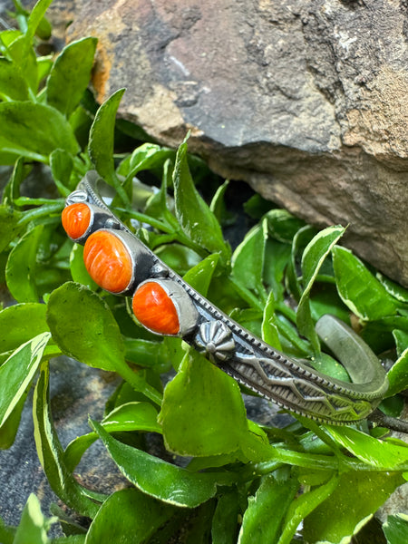3 Stone Spiny Orange Cuff Bracelet