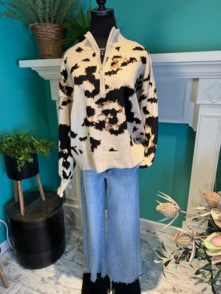 Entro 1/4 Zip Ruffle Trip Animal Print Sweater
